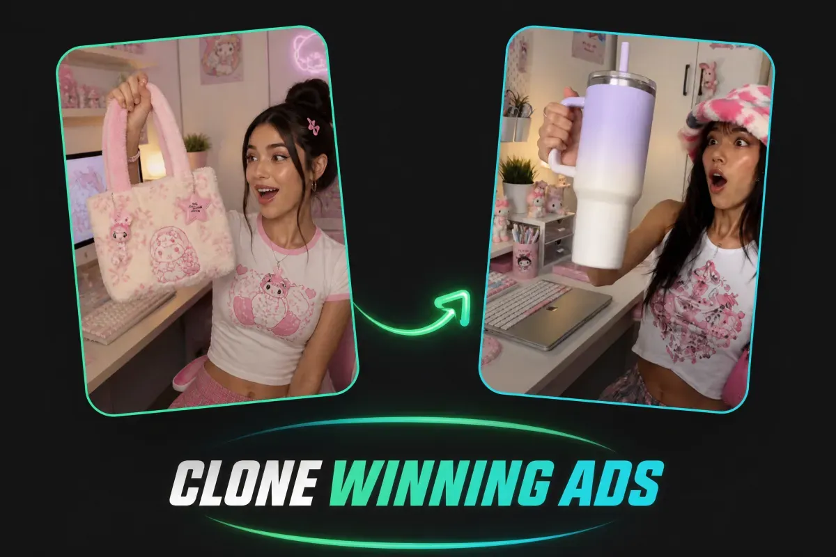 Reference illustration: a creator presents a bag and a tumbler in two related product scenes
