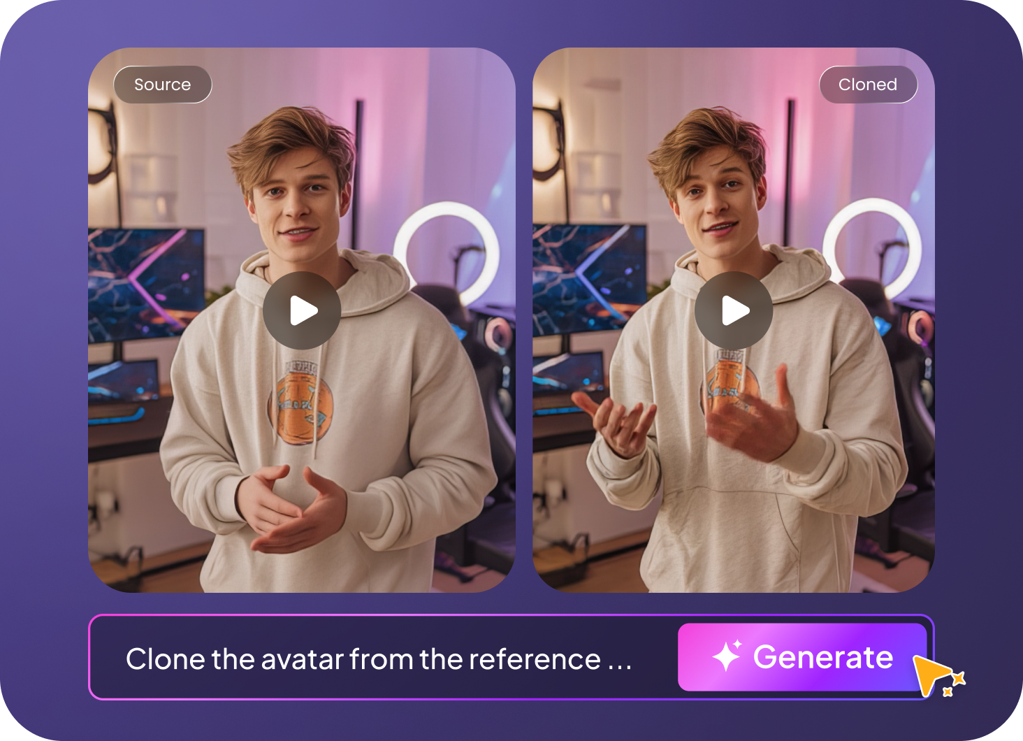 Reference illustration: source and cloned presenter scenes side by side